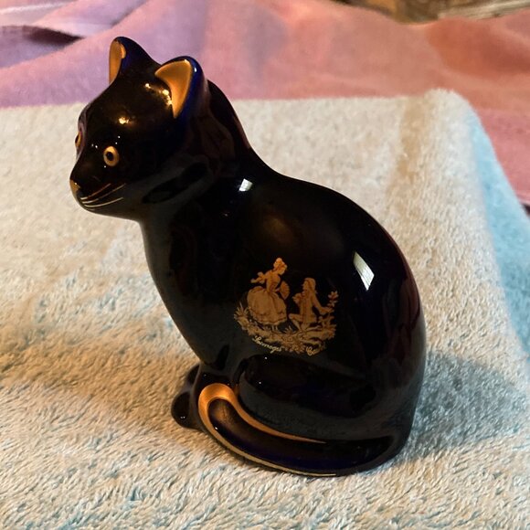 VTG Limoges Castel France Cobalt Blue Porcelain Cat/Kitten Figurine 22K Gold-NOS - Picture 4 of 10